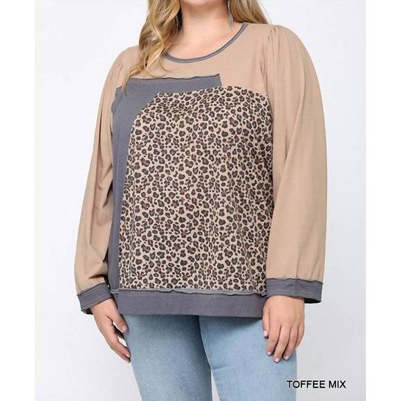 NEW GIGIO leopard color block loose fit top in toffee mix - Picture 1 of 2